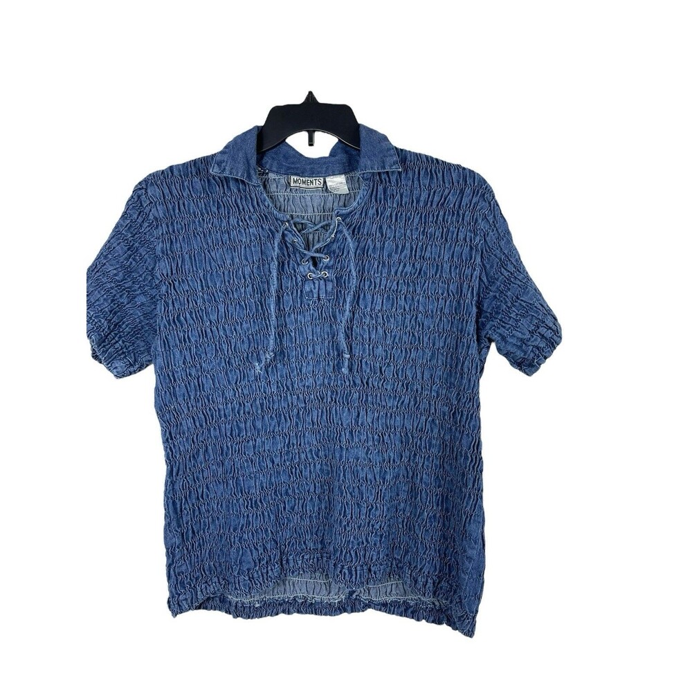 VTG Y2K 90s Blue Crinkle Denim Look Lace Up Shirt 2X Textured Stretch Top 2X